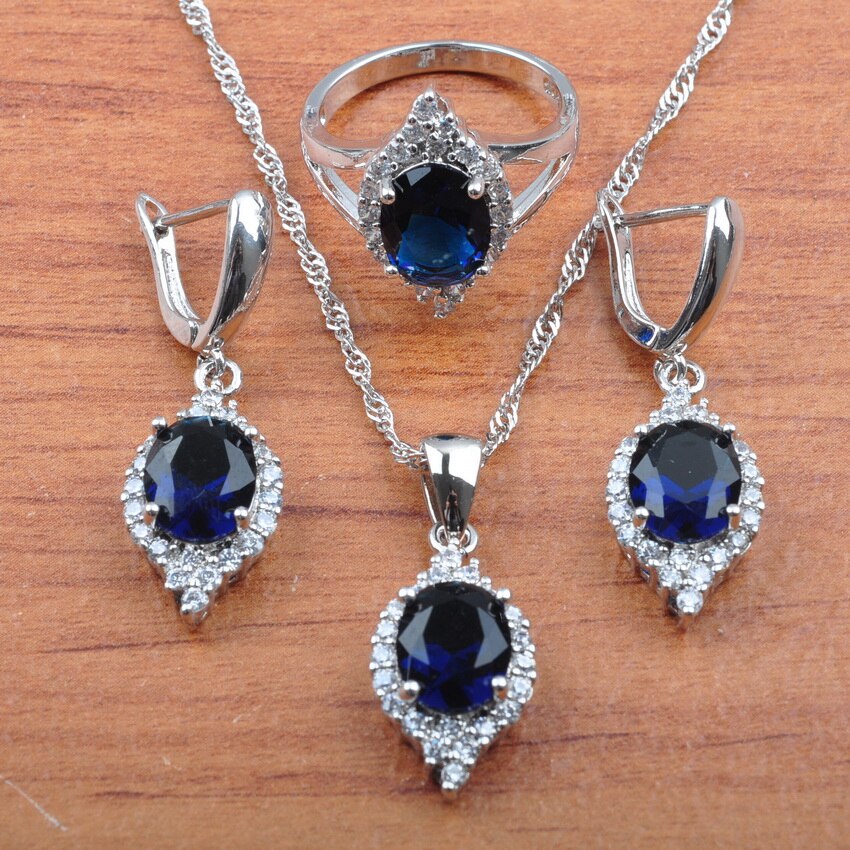 Ensemble de bijoux pour femmes, cristal de zircone bleu scintillant, boucles d&#39;oreilles, collier, pendentif, bagues, Bracelet, JS0514