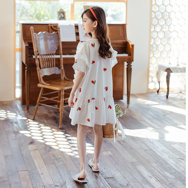 Ricamo Teen Girls Dress Cherry Patterns mezza manica increspature abito estivo in cotone abiti per bambini 6 8 10 12 14 anni