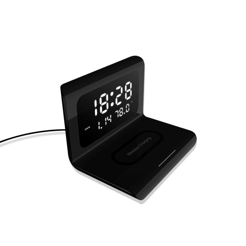 Fast Wireless Charger LED Alarm Clock Phone Wireless Charger Charging Pad Thermometer For IPhone 11 Pro 12 Max X 8 Plus Xiaomi: Black