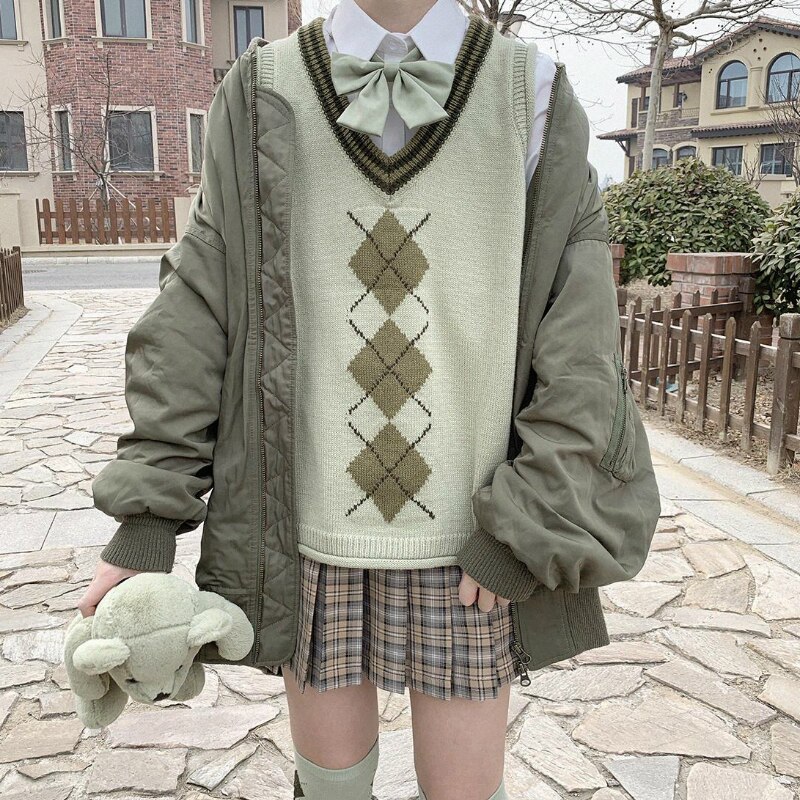 Sweater Vest Women Argyle V-neck Colorful Casual Preppy Womens Sweaters Flanging Loose Korean Style Students Knitted