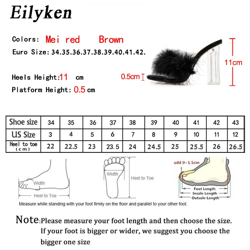 Eilyken Mode Harige Open Teen Slippers Clear Crystal Hoge Hakken Vrouwen Schoenen Vierkante Hak Transparante Vrouwelijke Sandalen