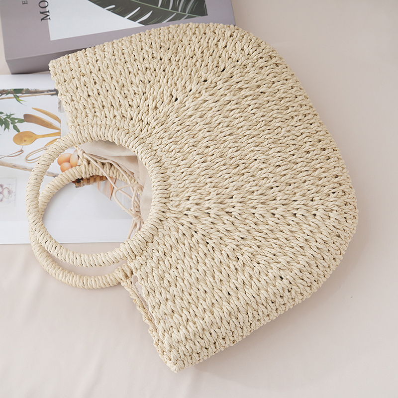 Sac d'été en paille demi-lune pour femmes, sac à main Portable fait à la main, sac de plage de grande capacité, panier tissé à poignée supérieure, fourre-tout