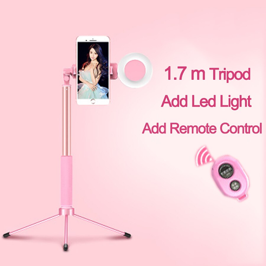1.7 M Selfie Stok Telefoon Statief Met Dual Led Ring Licht Uitschuifbare Live Statief Stand Portret Vullen Licht Voor Iphone 7 8 Xiaomi: Pink one Light