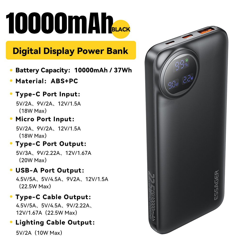 Essager 20000mAh banco de energía portátil con 2 Cables 22,5 W pantalla Digital Powerbank para iPhone 15 14 Samsung Huawei Power Bank: Blanco
