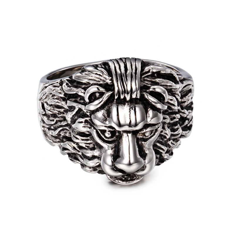 Anillo de cabeza de león dominante, anillo de León de piedra de fundición de acero: 12 / Silver