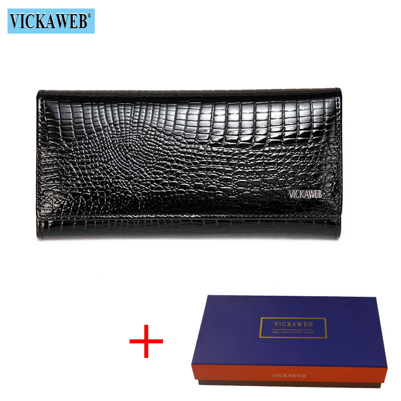 VICKAWEB Long Wallet Women Genuine Leather Alligator Womens Wallets And Purses Lady Hasp & Zipper Standar Wallet Female: Black Wallet and Box