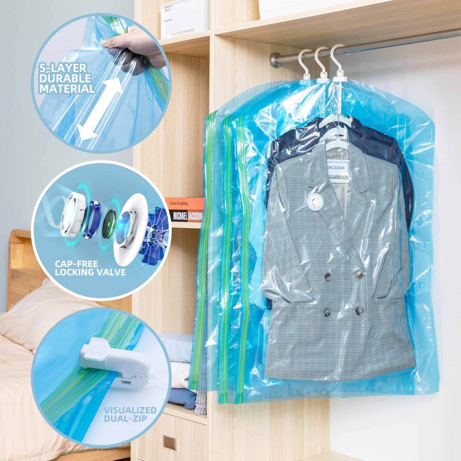 TAILI Hanging Vacuum Storage Bags for Clothes 4pcs Vacuum Coat Bags for Suits, Jackets, Dresses, Closet Space Saver Vacuum Bags