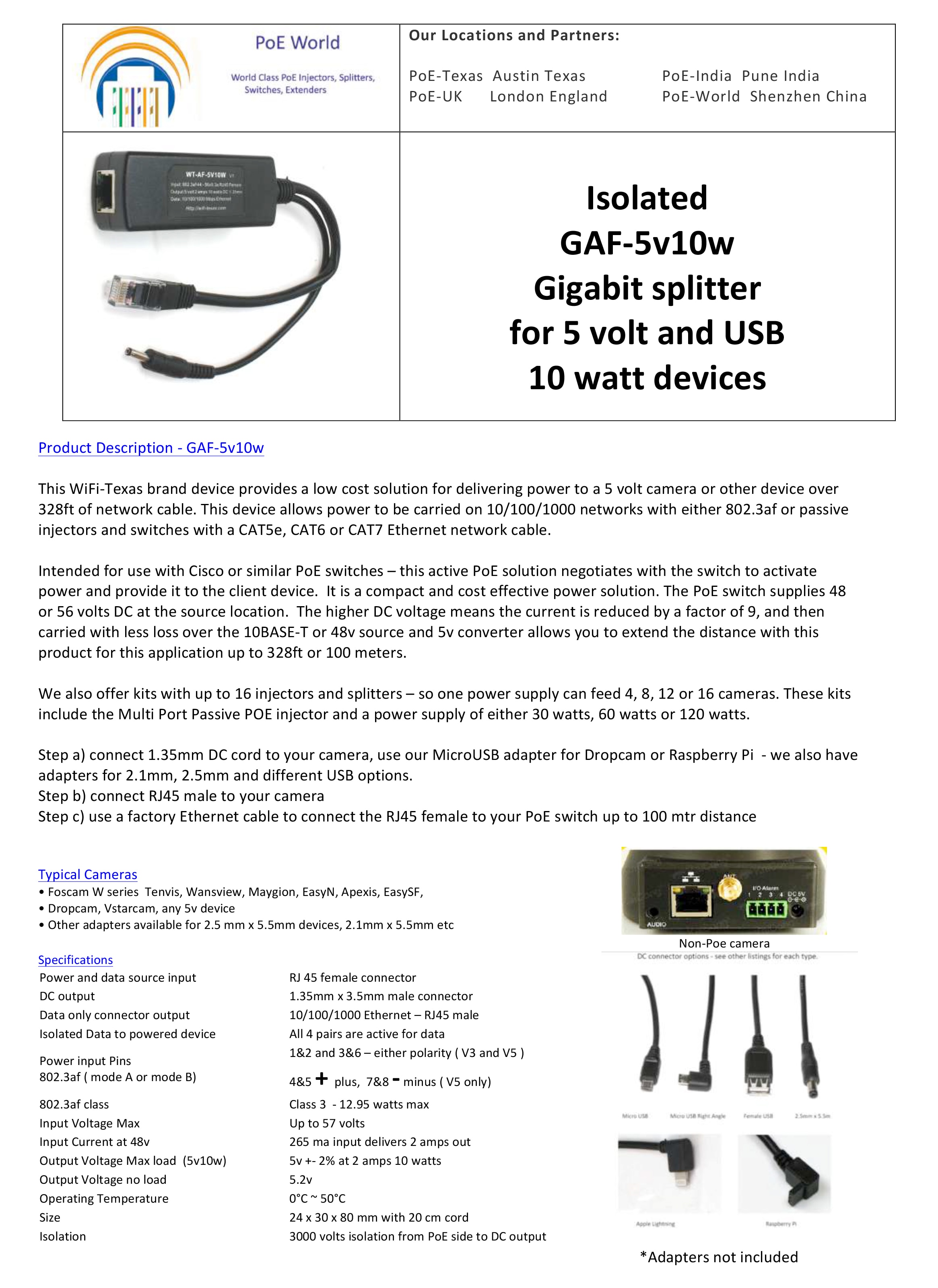 Gigabit 802.3af POE splitter for non-poe device Passive 5 Volt PoE separator works with Foscam Dropcam any 5v device