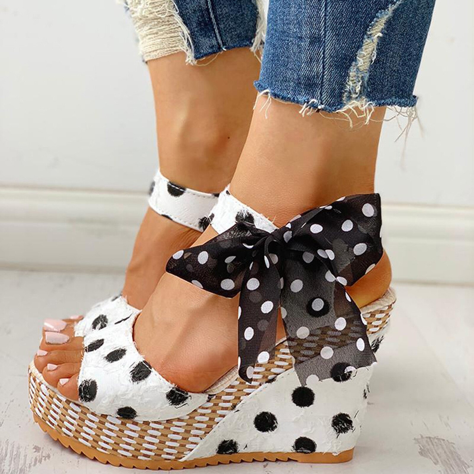 Sagace Vrouwen Dames Platform Wiggen Hak Sandalen Mode Dot Lace-Up Schoenen Schoeisel Bohemen Zomer Sandalen Partij schoenen: White  / 36