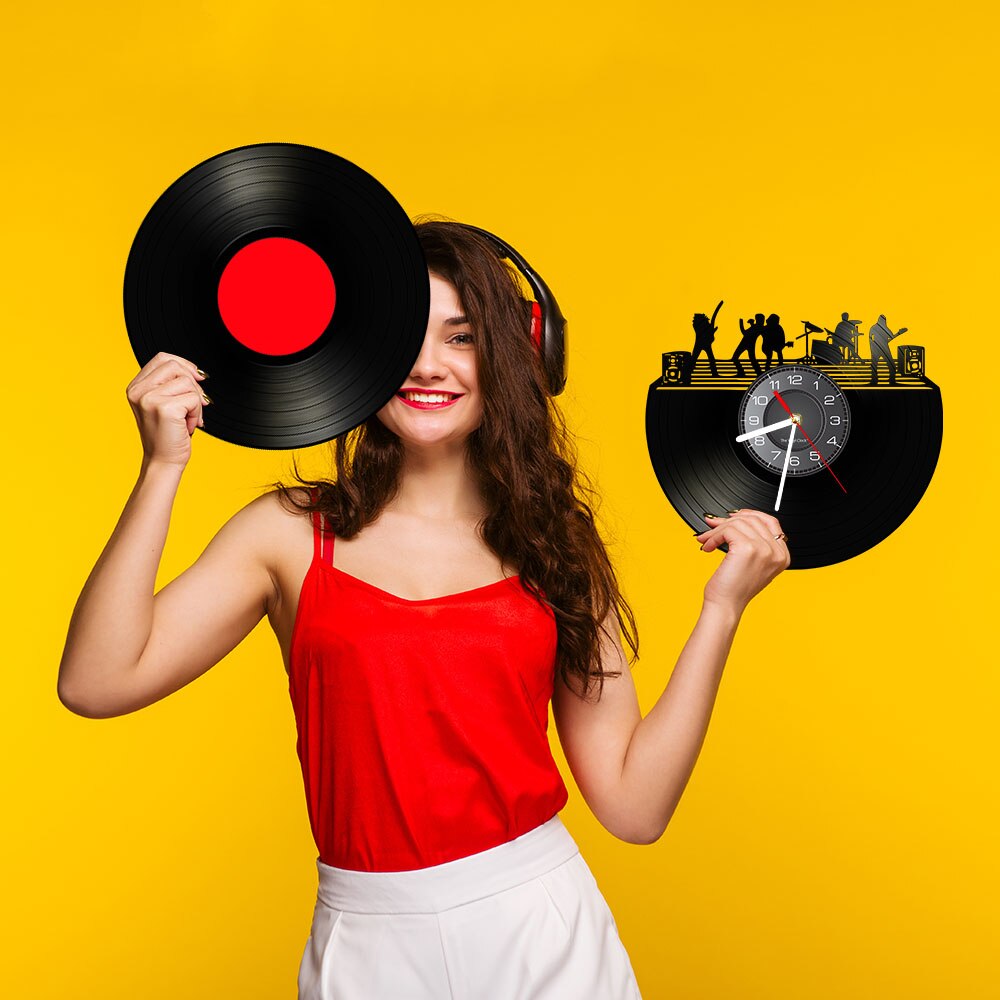 Banda de Rock en el escenario, blanco y negro, arte de pared, Vintage, disco de vinilo LP, arte de pared silencioso, reloj, Banda de Música, decoración de estudio de música en vivo