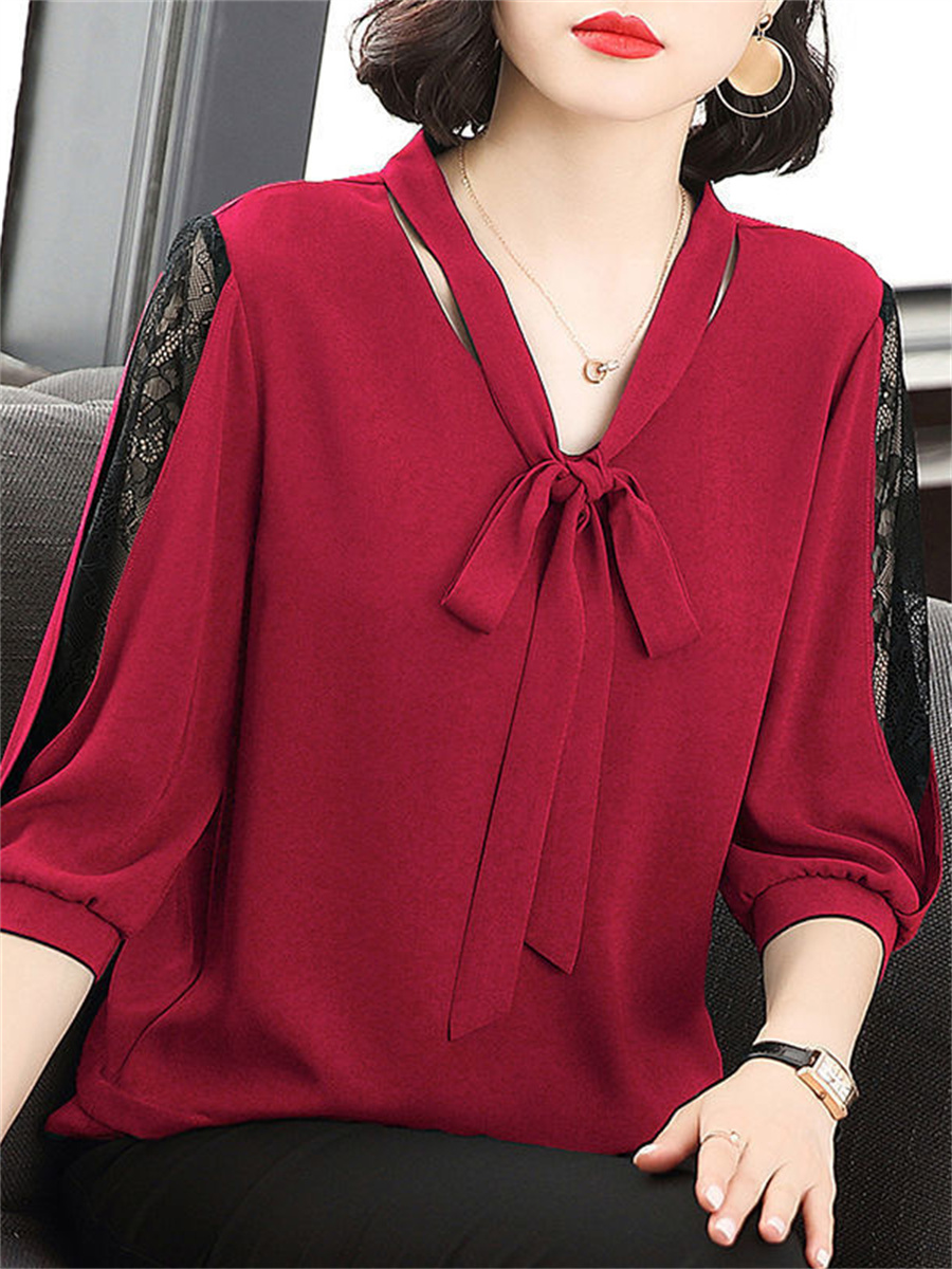 Femmes printemps été Style Blouses hauts dame décontracté nœud papillon Colloar demi manches en dentelle lâche haut Blouse DF4275
