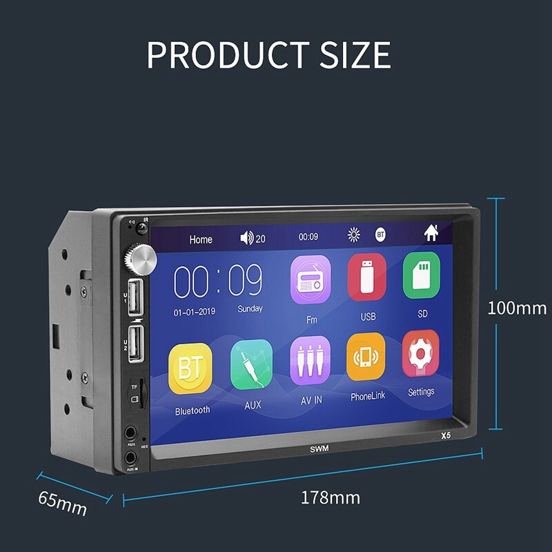 7 inch Double 2 DIN Head Unit Car Stereo MP5 Player Press Sn BT Radio FM/USB/AUX