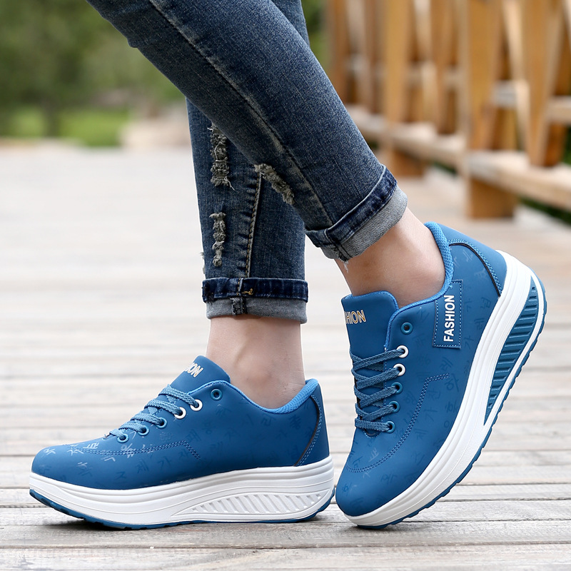 PU Lacing Women Toning Shoes 5.5CM Thick Soles Height Increased Breathable Wedges Swing Sneakers Autumn Slmming Shoes