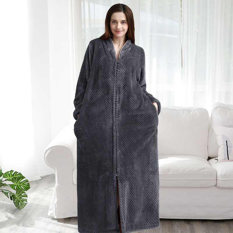 Frauen Winter Extra Lange Warme Jacquard Flanell Bademantel Schwangere Zipper Plus Größe Morgenmantel Lounge Korallen Fleece Bademantel