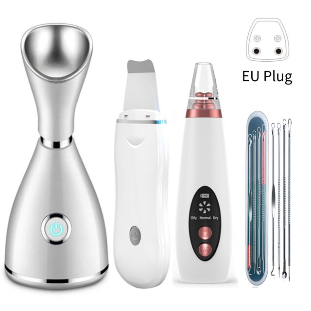 Ultrasonic Skin Scrubber Facial Pore Cleaner Moisturizing Facial Steamer Extractor Blackhead Removal Deep Clean Skin Care Tool: EU Set 1