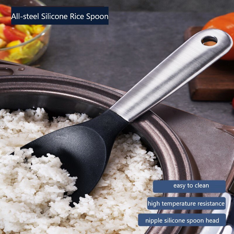 Non-Stick Stainless Steel Rice Spoon Rice Cooker Long Cooking Rice Spatula Scoop Black White Soup Spoon Kitchen Utensil Tablewar