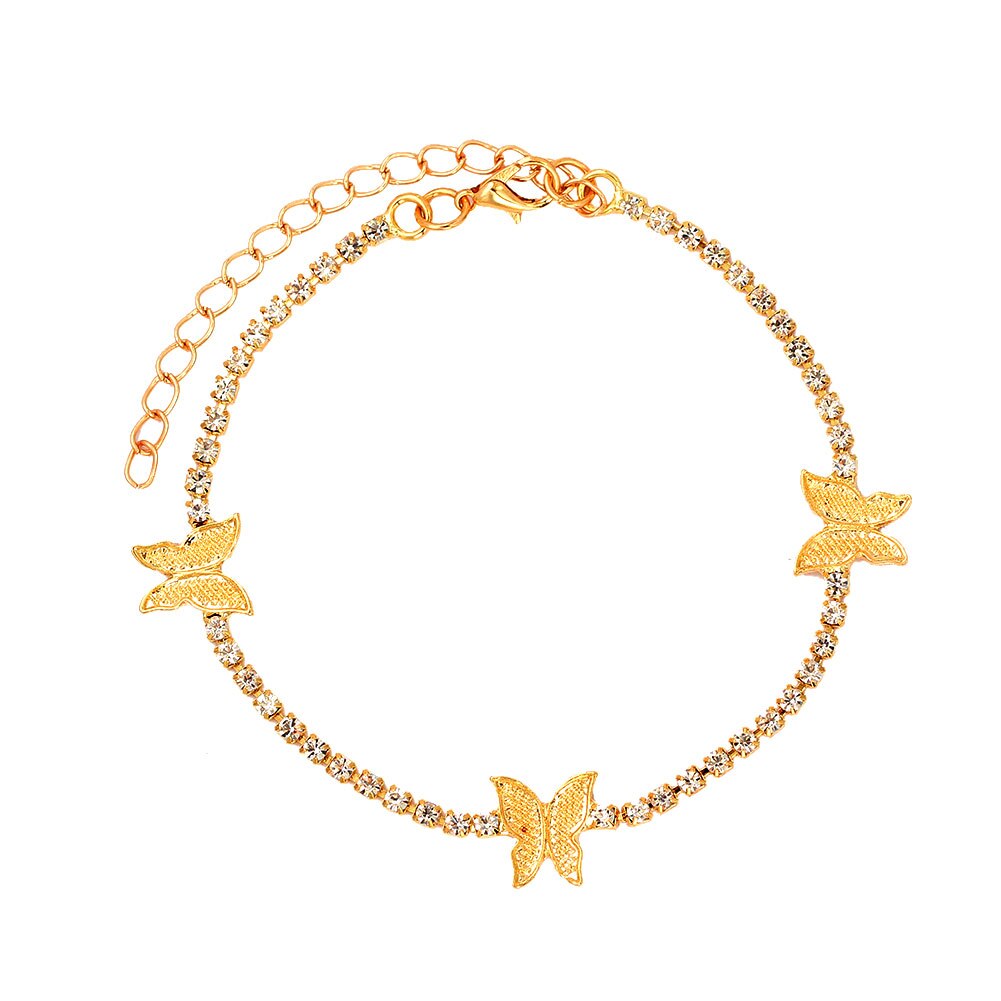 Caraquet guld sølv farve sommerfugl anklet til kvinder rhinestone krystal fod armbånd boho strand sandaler barfodet smykker: 004601gd