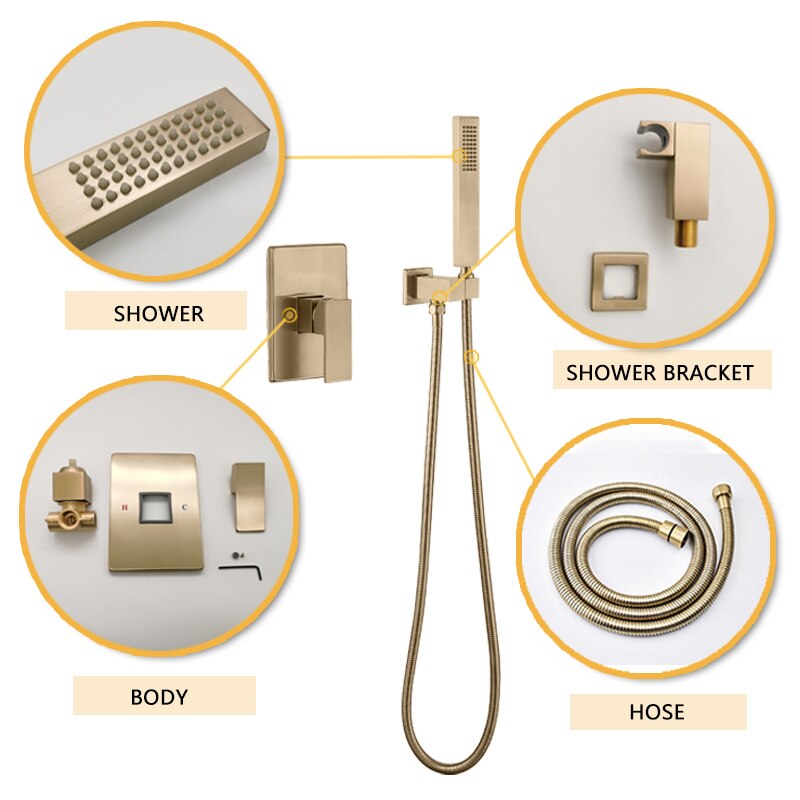 Messing Wandmontage Badkamer Douchekraan Set Vierkante Douchekop Mengkranen Handdouche Hoofd Borstel Goud In Muur Badkamer kranen