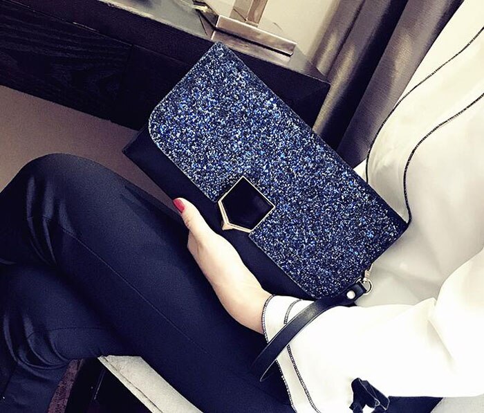dames paillettes paillettes étincelle Bling jour pochette sac à main soirée partie PU cuir enveloppe sac à main directe: blue