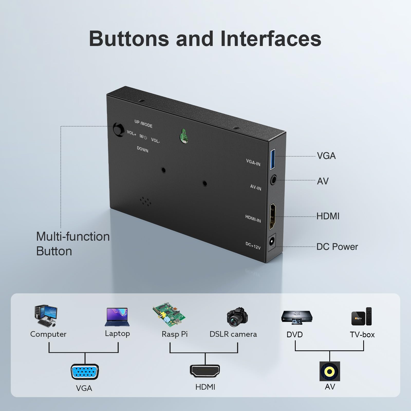 Miktver Monitor LCD IPS da 5 pollici Monitor Video per fotocamera con custodia in metallo 800x480 con ingressi HDMI/AV/VGA supporto per fotocamera DSLR/DVD/DVR