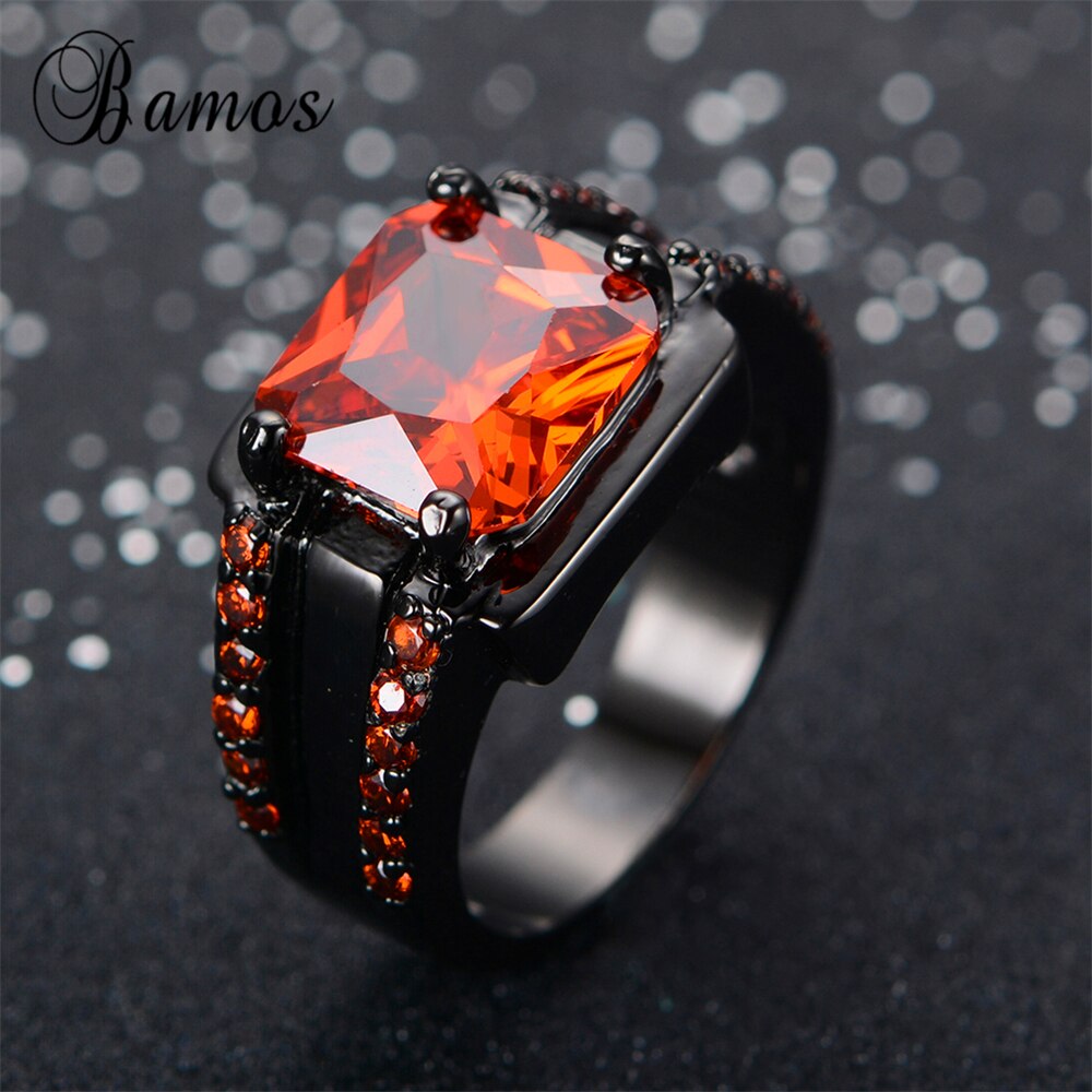 Bamos Male Red Geometric Ring Black Gold Filled Jewelry Vintage Wedding Rings For Men Year