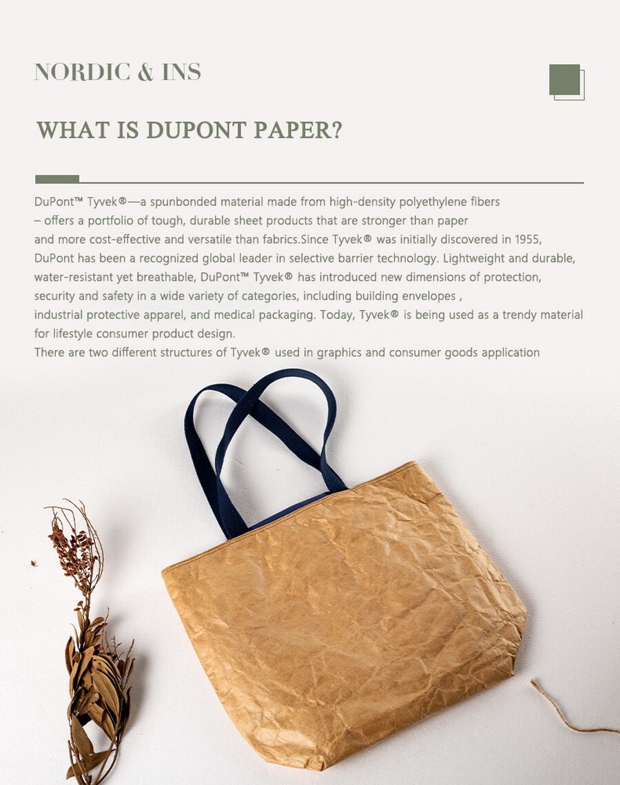 DuPont Paper Tote Bag Single Shoulder Handbag Washable Kraft Paper Canvas Shopping Bag TYVEK Waterproof