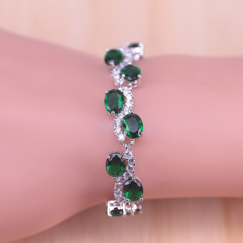 Russisk stil sølv farve grøn sten hvid krystal kostume brude smykker armbånd halskæde øreringe ring
