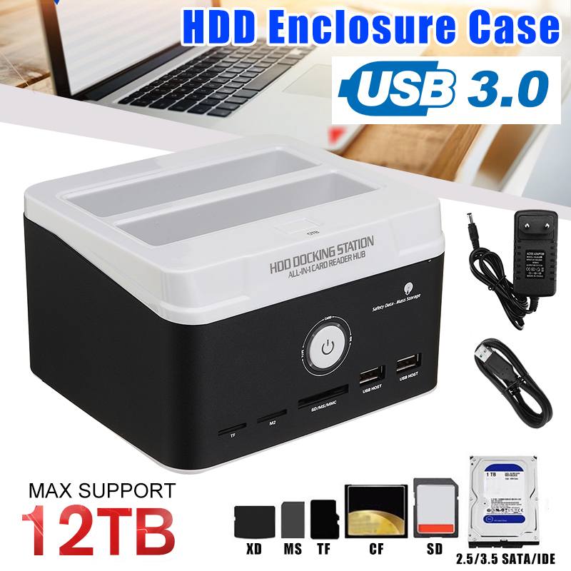 Dual Card Reader USB 3.0 HDD Enclosure Case 12TB Hard Disk Drive HDD Docking Station for 2.5 Inch 3.5 Inch IDE/SATA