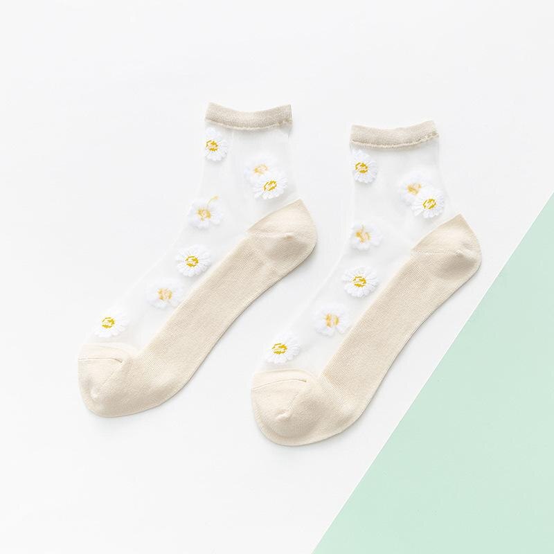 Small Daisy Sheer Tulle Floral Ankle Socks Women Best Mesh Transparent Girls Cute Black White Sheer Lace Nylon Socks Target Pop: Light Yellow