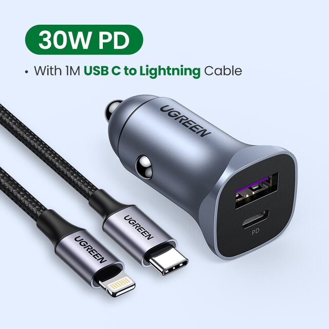 UGREEN 30W ładowarka samochodowa podwójny Port QC 4.0 3.0 szybkie ładowanie dla iPhone 13 12 Xiaomi Huawei Samsung Supercharge typ C ładowarka: Add 1M C-Lightning