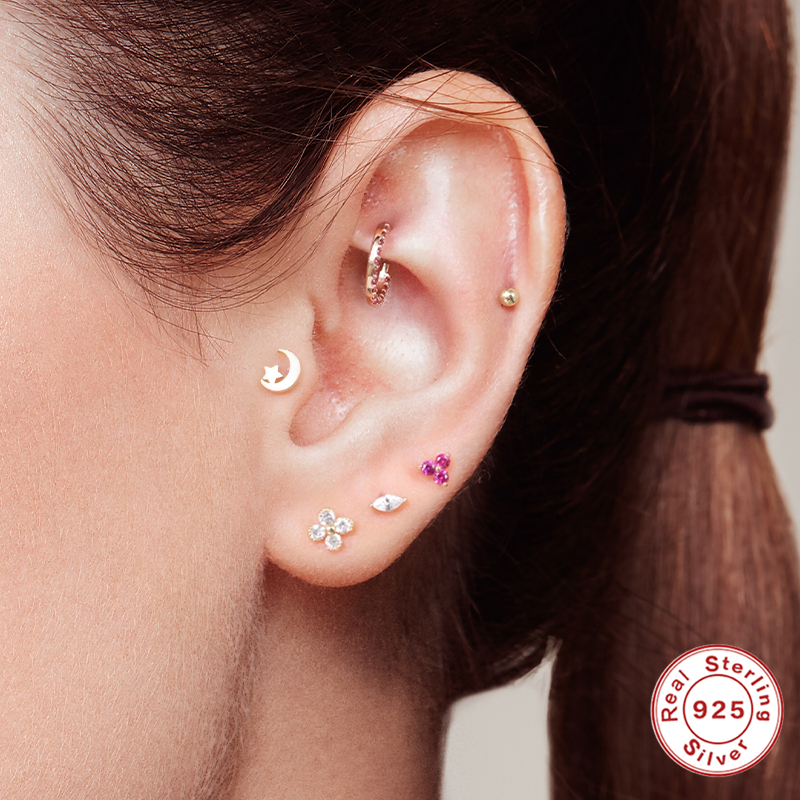 CANNER 1pc 925 Sterling Silver Tragus Piercing Stud Earrings for Women AAAAA Zircon Labret Lip Rings Cartilage Earrings Jewelry