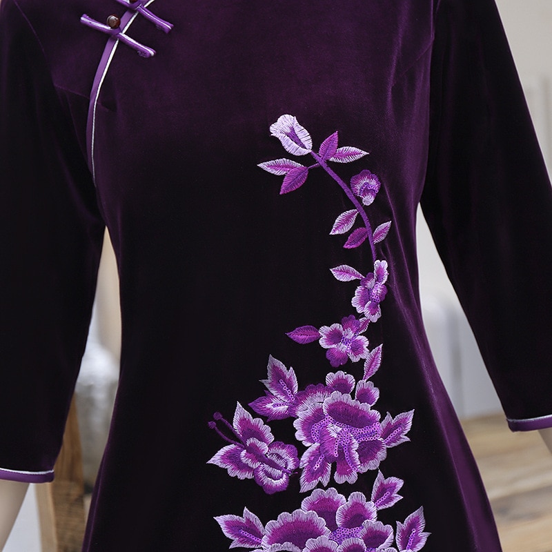 Sheng Coco Purple Velvet Long Cheongsam Long Sleeve Chinese Dress Evening Qipao Winter 4XL Plus Size Women Clothing
