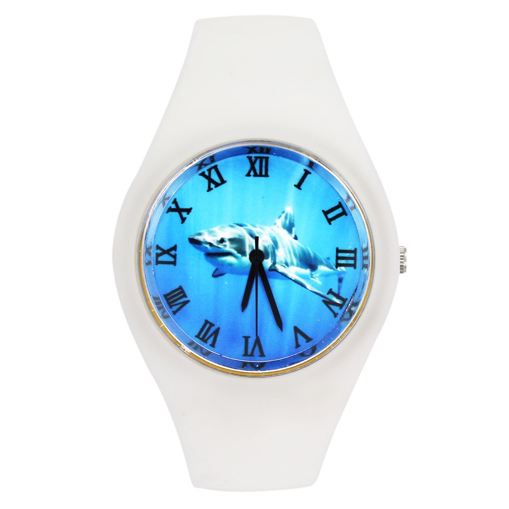 Grote Witte Haaien Vis Haai Aanvallen Patroon Vrouwen Mannen Mode Siliconen Band Sport Quartz Horloge: WHITE