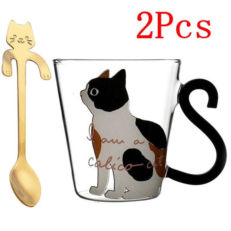 Tazas de vidrio de dibujos animados gato lindo taza de agua con cuchara agitadora desayuno tazas de leche taza de té y café resistente al calor niñas Drinkware: 2pcs White golden