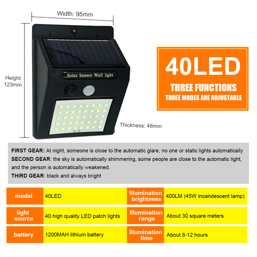 Led Zonne-straat Licht 20 LED PIR Motion Sensor Wandlamp Thuis Outdoor Waterdichte Wandlamp Lampadaire Solaire Exterieur: 40LED three switches