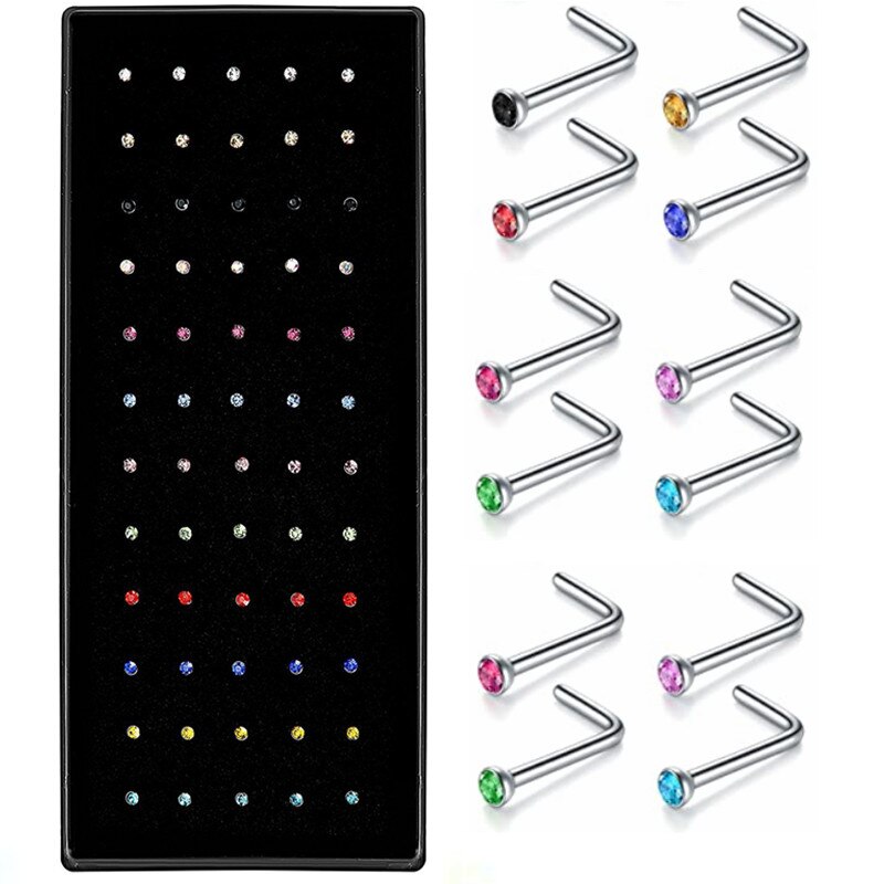 40/60 Stuk/Set Rvs L Vorm Neus Stud Pack 20G Crystal Straight Stud Neus Ring Set Neus stud Lot Piercing Nariz Pin: L Shape Multicolor / 40Piece Set