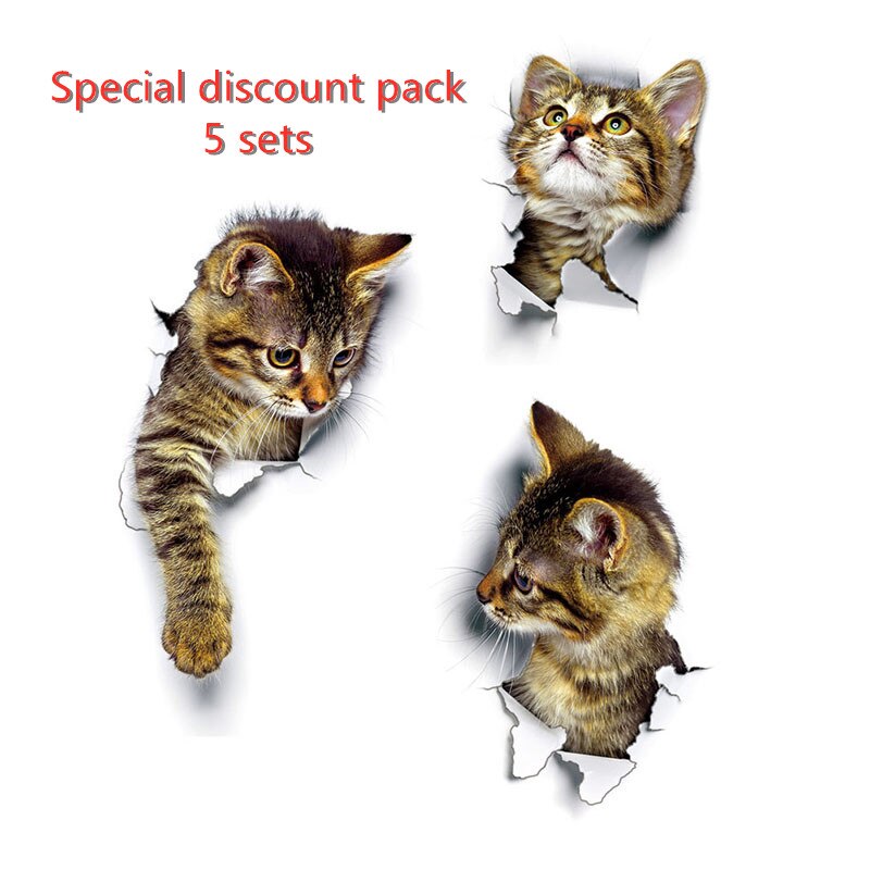 Pegatinas para pared de gatitos rotos en 3D, novedad de , pegatinas para pared de baño, pegatinas decorativas de dibujos animados para decoración de ventanas, habitaciones y hogares: 5 sets