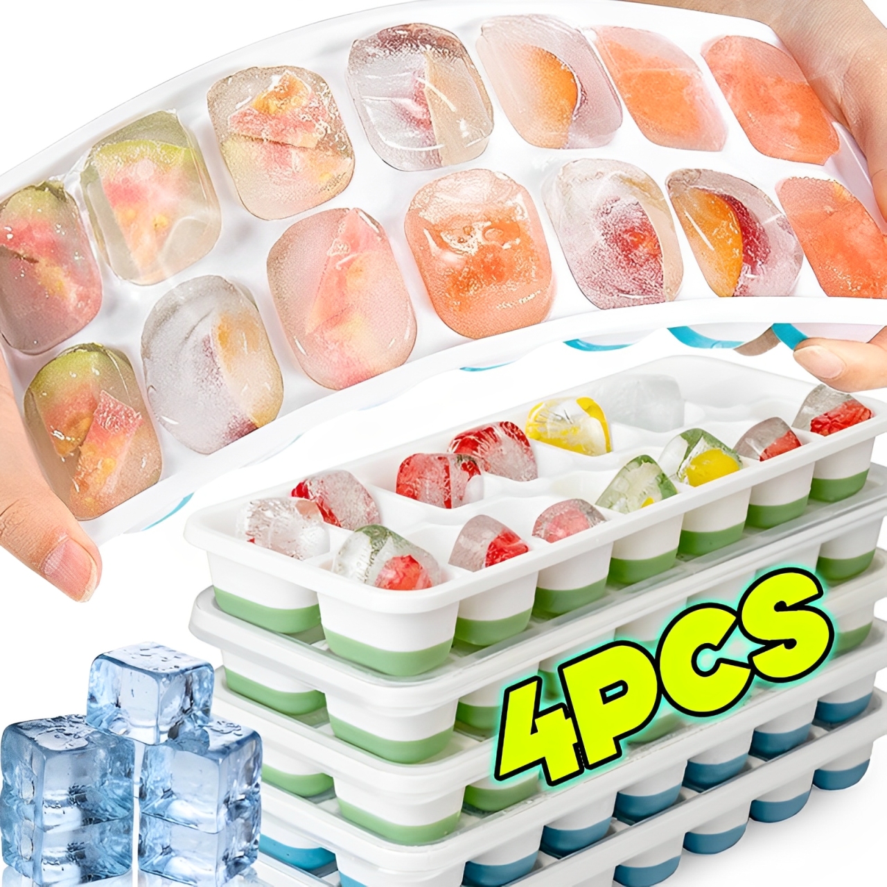 4pcs Grids Ice Cube Trays Reusable Silicone Ice cube Mold Fruit Ice Maker with Removable Lids Kitchen Tools Freezer Summer Mould
