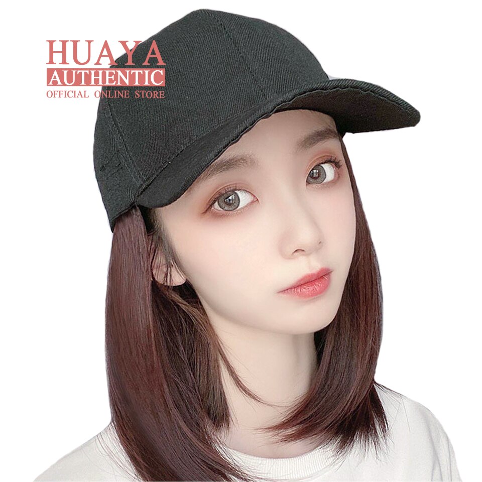 HUAYA Short Straight Hat wig Synthetic Baseball Cap Hair Wig Natural Black Wigs Connect Synthetic Hat Wig Adjustable For Girl