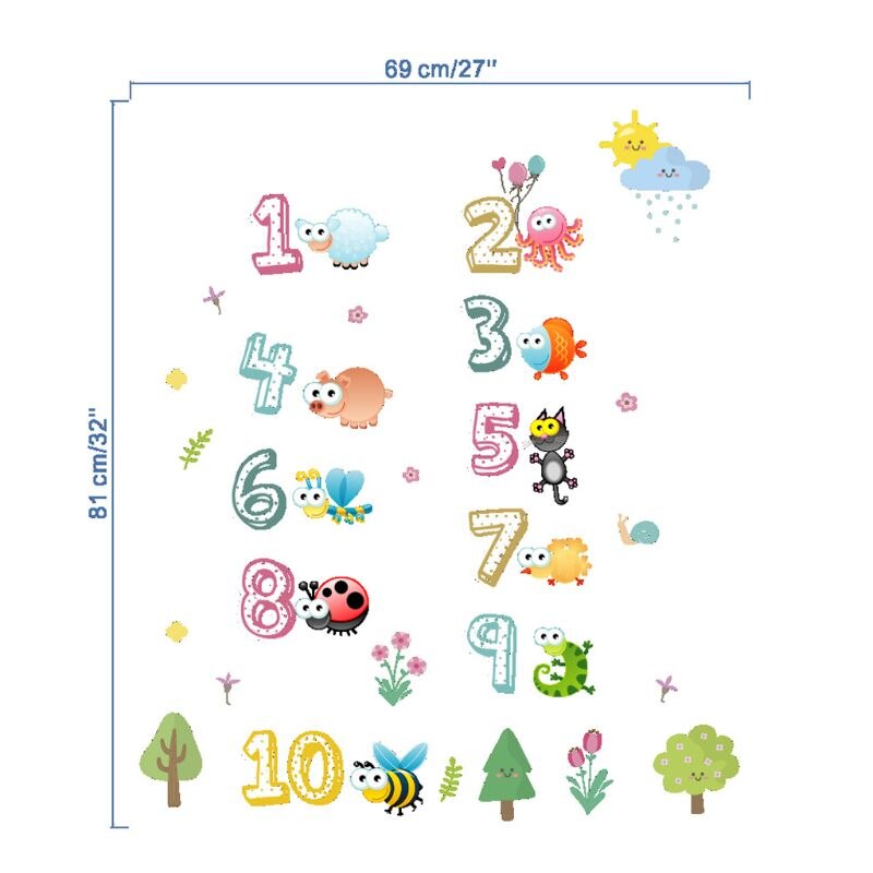 Animal Number Cartoon Wall Sticker Children Room Kindergarten Classroom Layout Early Education Self-adhesive Paper Mura
