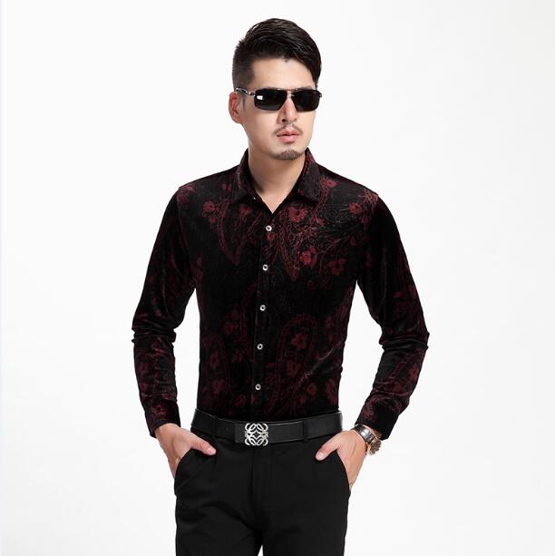 Zijden overhemden gouden fluwelen herenoverhemden lente herfst zijden fluwelen herenoverhemden met bloemen slim fit zeer goed: Rood / M