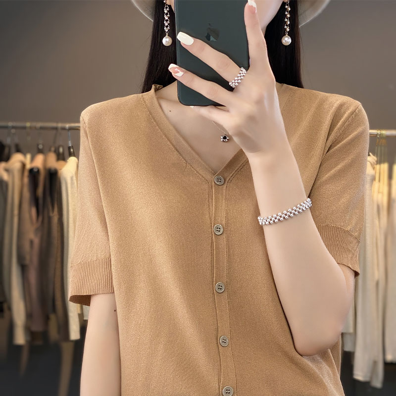 Lente En Zomer Nieuw Ijs Zijde Vest Korte Mouw V-Hals Joker Losse Dunne T-Shirt Trui Bottom Shirt Top: L / CAMEL