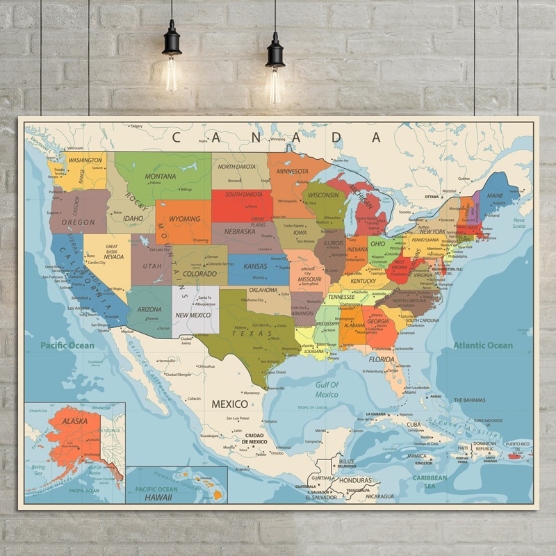 USA Verenigde Staten Kaart Poster Size Wanddecoratie Grote Kaart van De VS 80x60