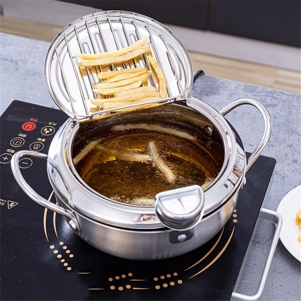 Stainless Steel Kitchen Tempura Fryer Pan Japanese Deep Frying Pot With A Thermometer And A Lid Fried Chicken Pot Cooking Tools