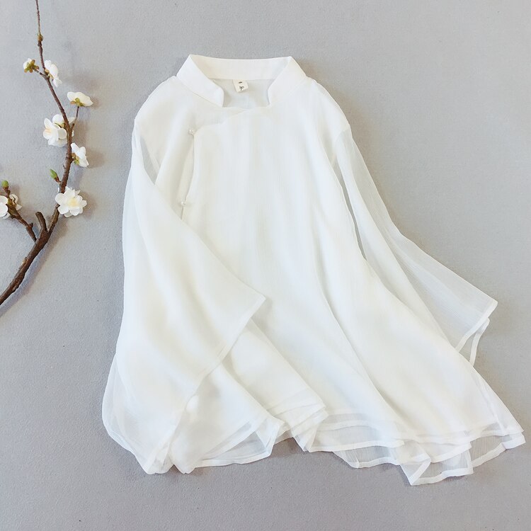 ¡Novedad de primavera-verano ! Blusa china de Nagodo, camisa de té Zen de doble capa de hilo, Top de gasa estilo chino clásico Hanfu para mujer: white