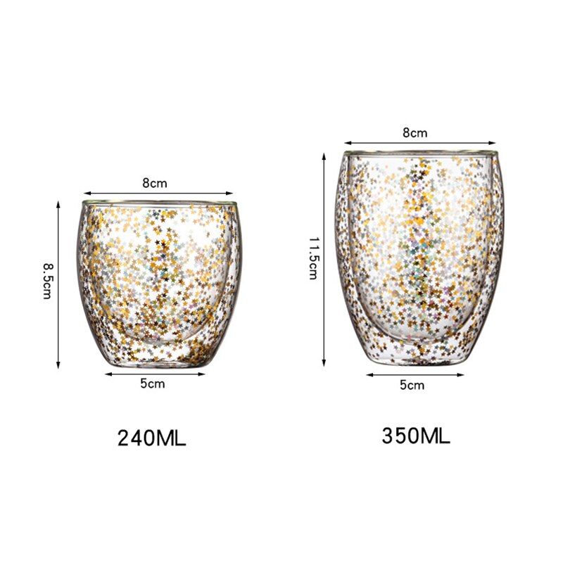 Taza de café de vidrio transparente, vaso de cristal resistente al calor de doble fondo, creativa estrella del cielo, Taza de leche de lentejuelas para whisky y cerveza, 2 uds.