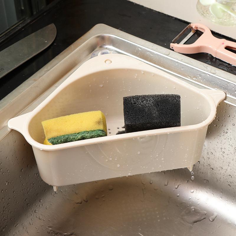 Multifunktionelt hjørnevask afløbsstativ sugekop vask drænkurv skål svampholder køkken badeværelse arrangør opbevaring: Beige