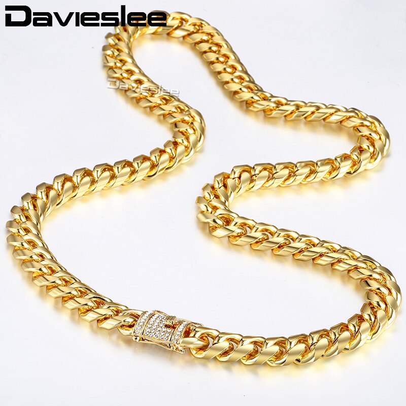 Davieslee-Conjunto de joyería para hombre, juego de collar y pulsera con cadena de eslabones cubanos de Miami Curb, CZ, oro, 14mm, DGS284