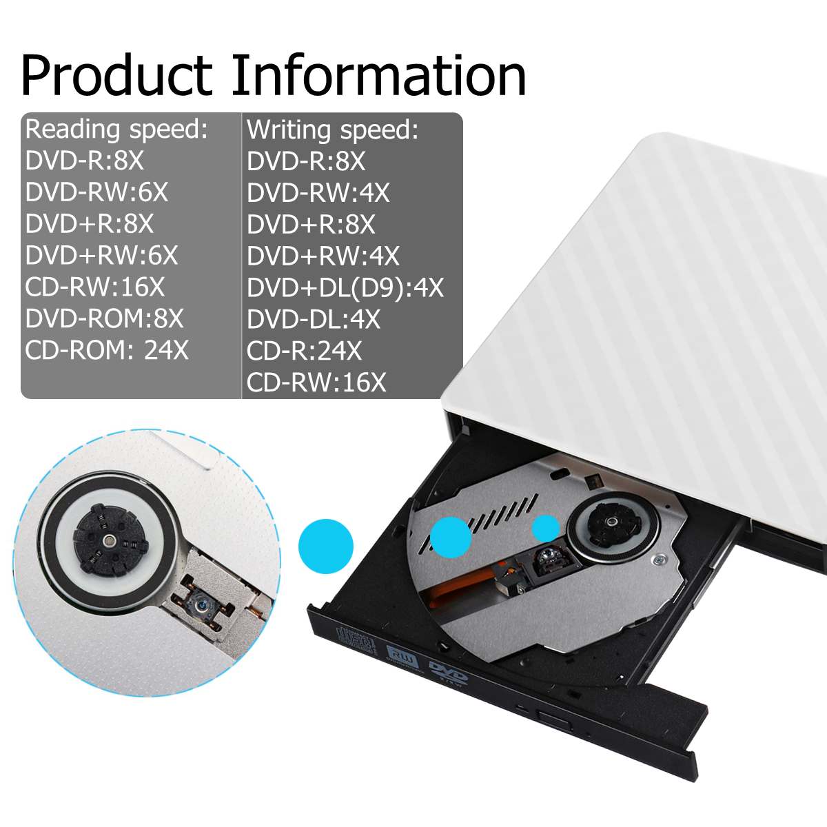 Lecteur de DVD RW CD externe USB 3.0, graveur de Grain de carbone, lecteur optique blanc noir pour PC portable