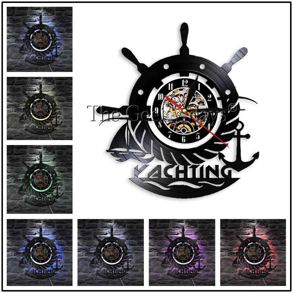 Ancre Vintage Horloge Murale Marin Marine Boussole Disque Vinyle Yachting Voile Moderne Bateau Mer Décor À La Maison Montre Led Lumière: Gray / 12 Inch With LED